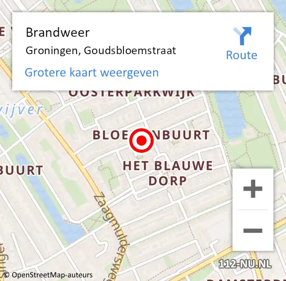 Locatie op kaart van de 112 melding: Brandweer Groningen, Goudsbloemstraat op 18 december 2013 14:25