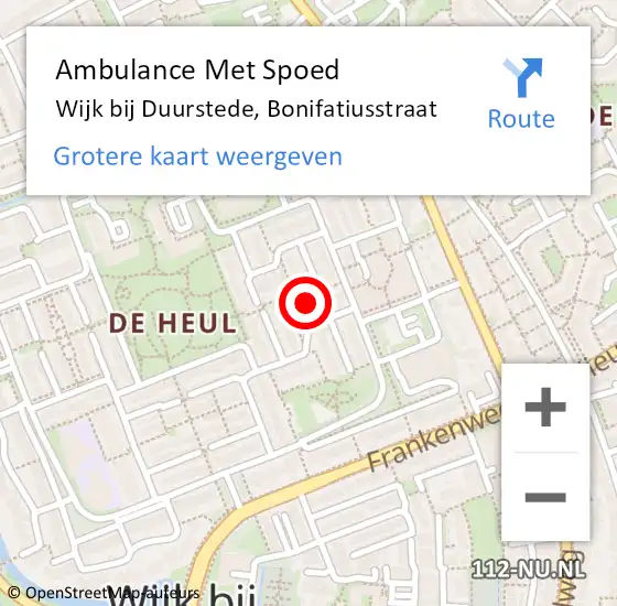 Locatie op kaart van de 112 melding: Ambulance Met Spoed Naar Wijk bij Duurstede, Bonifatiusstraat op 18 juni 2016 10:40