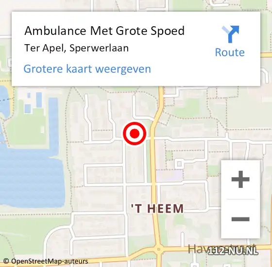 Locatie op kaart van de 112 melding: Ambulance Met Grote Spoed Naar Ter Apel, Sperwerlaan op 19 juni 2016 04:42