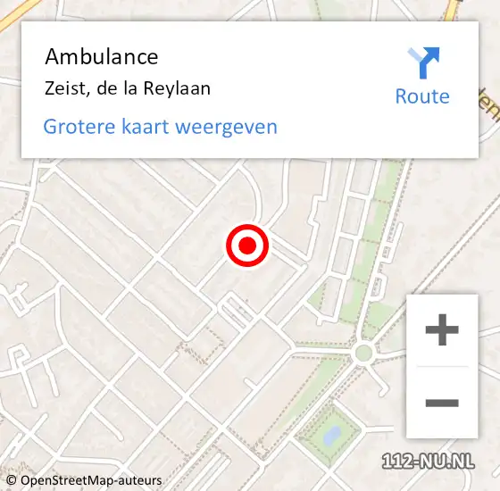 Locatie op kaart van de 112 melding: Ambulance Zeist, de la Reylaan op 20 juni 2016 08:12