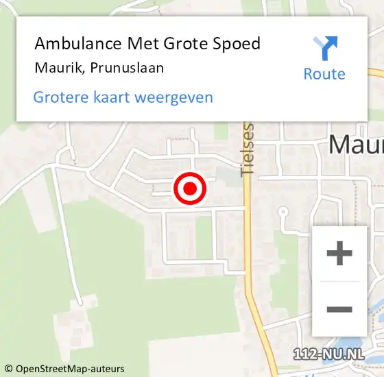 Locatie op kaart van de 112 melding: Ambulance Met Grote Spoed Naar Maurik, Prunuslaan op 21 juni 2016 15:34