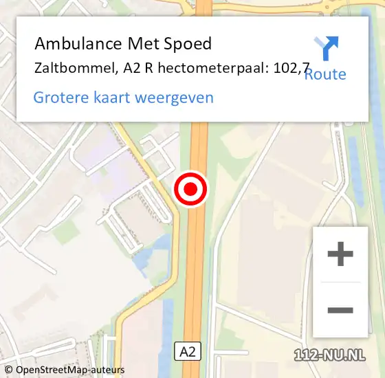 Locatie op kaart van de 112 melding: Ambulance Met Spoed Naar Zaltbommel, A2 R hectometerpaal: 101,1 op 23 juni 2016 15:17