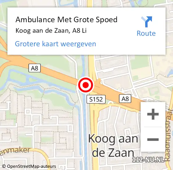 Locatie op kaart van de 112 melding: Ambulance Met Grote Spoed Naar Koog aan de Zaan, A8 Li op 23 juni 2016 22:07