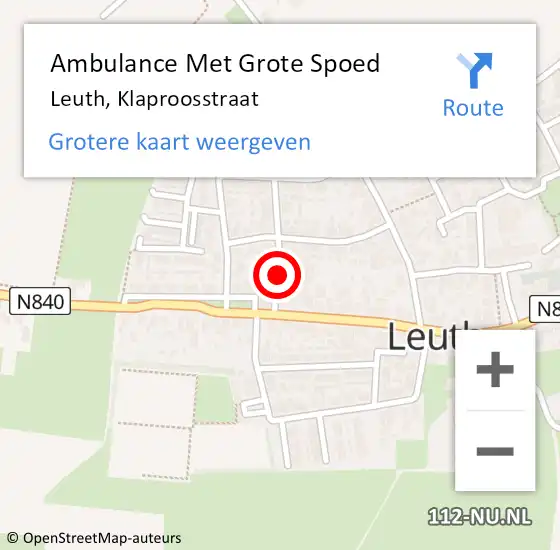 Locatie op kaart van de 112 melding: Ambulance Met Grote Spoed Naar Leuth, Klaproosstraat op 24 juni 2016 19:22