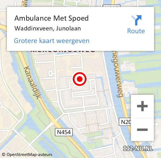 Locatie op kaart van de 112 melding: Ambulance Met Spoed Naar Waddinxveen, Junolaan op 25 juni 2016 04:15