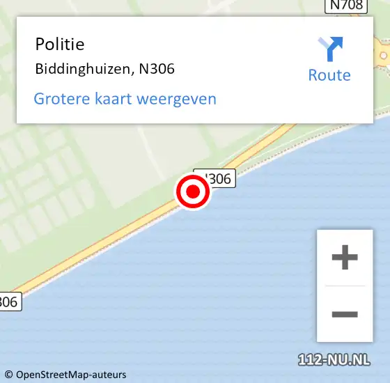 Locatie op kaart van de 112 melding: Politie Biddinghuizen, N306 op 25 juni 2016 12:59