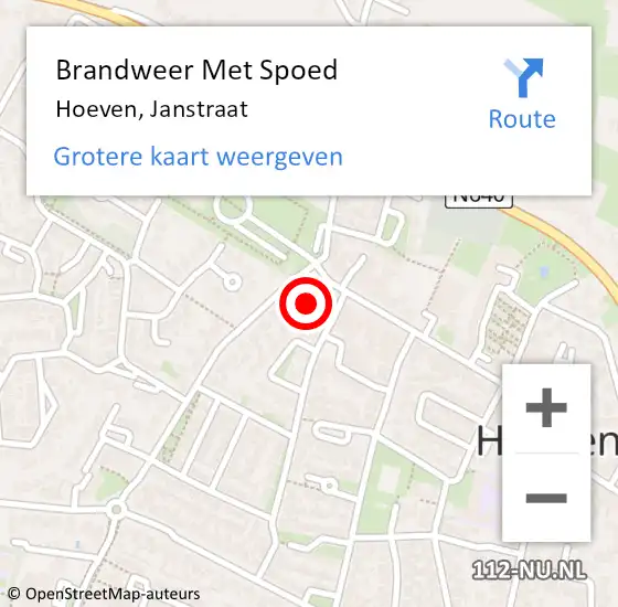 Locatie op kaart van de 112 melding: Brandweer Met Spoed Naar Hoeven, Janstraat op 26 juni 2016 15:58