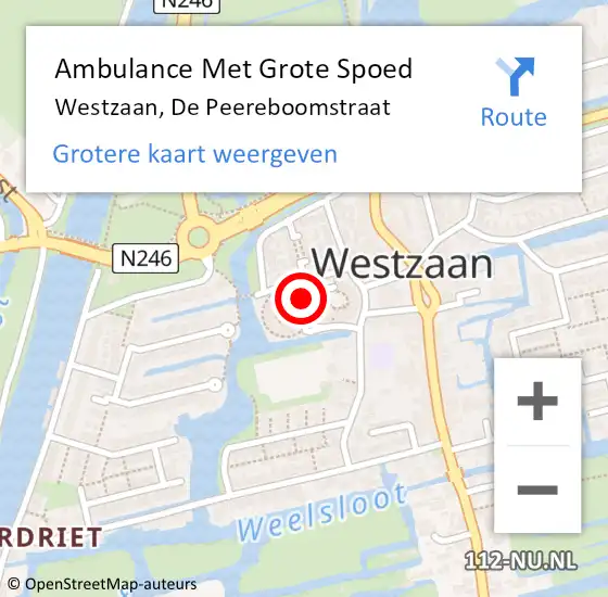 Locatie op kaart van de 112 melding: Ambulance Met Grote Spoed Naar Westzaan, De Peereboomstraat op 26 juni 2016 21:56