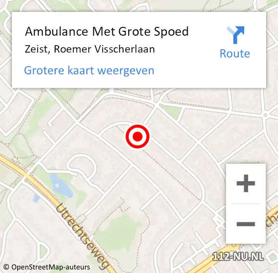 Locatie op kaart van de 112 melding: Ambulance Met Grote Spoed Naar Zeist, Roemer Visscherlaan op 27 juni 2016 07:14