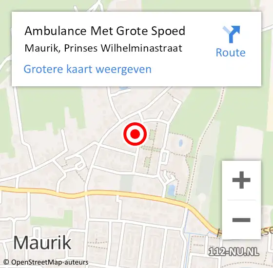 Locatie op kaart van de 112 melding: Ambulance Met Grote Spoed Naar Maurik, Prinses Wilhelminastraat op 28 juni 2016 14:04