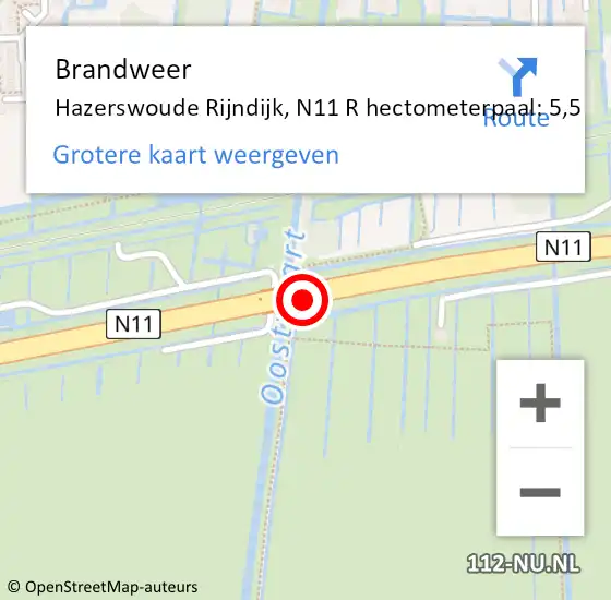 Locatie op kaart van de 112 melding: Brandweer Hazerswoude Rijndijk, N11 L hectometerpaal: 5,8 op 29 juni 2016 06:20