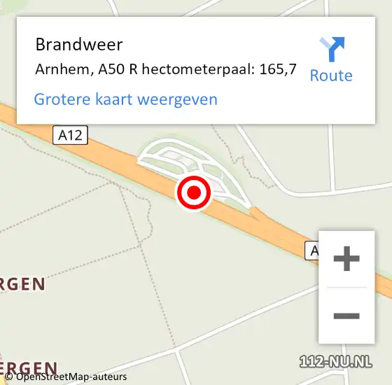 Locatie op kaart van de 112 melding: Brandweer Arnhem, A50 R hectometerpaal: 165,7 op 29 juni 2016 07:06