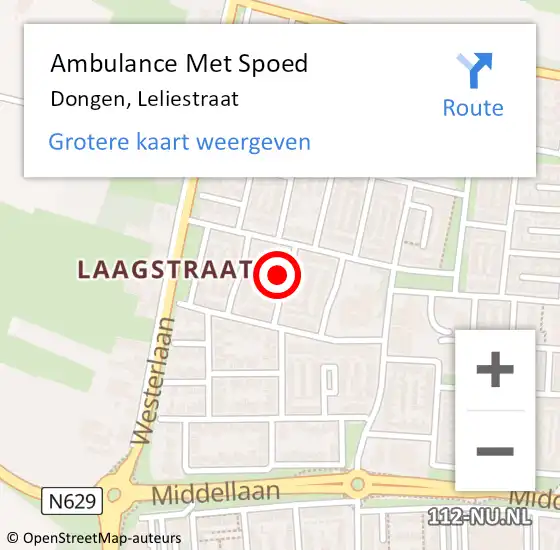 Locatie op kaart van de 112 melding: Ambulance Met Spoed Naar Dongen, Leliestraat op 2 juli 2016 19:59