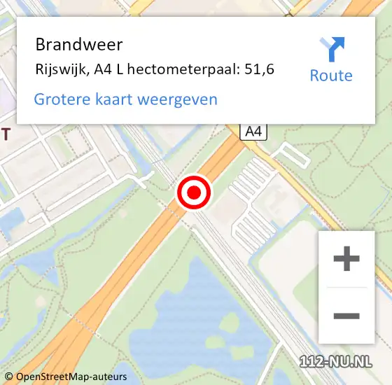 Locatie op kaart van de 112 melding: Brandweer Rijswijk, A4 R hectometerpaal: 51,5 op 3 juli 2016 02:54