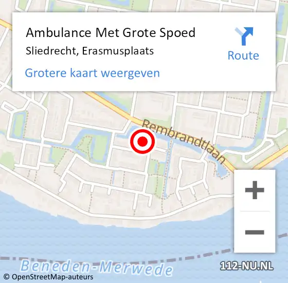 Locatie op kaart van de 112 melding: Ambulance Met Grote Spoed Naar Sliedrecht, Erasmusplaats op 3 juli 2016 02:57