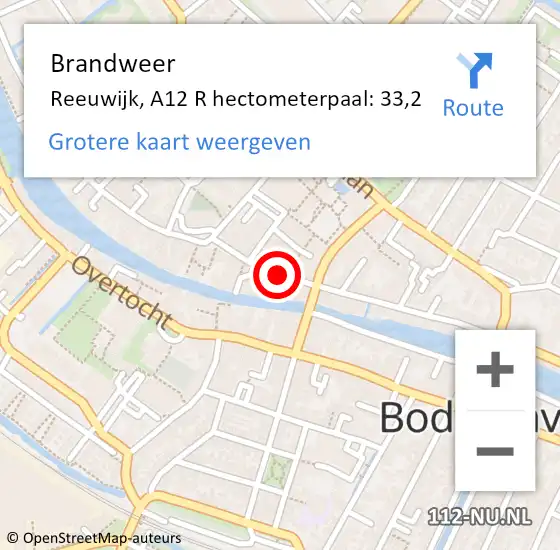 Locatie op kaart van de 112 melding: Brandweer Reeuwijk, A12 R hectometerpaal: 33,2 op 4 juli 2016 07:52