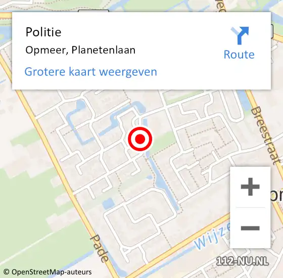 Locatie op kaart van de 112 melding: Politie Opmeer, Planetenlaan op 4 juli 2016 09:46