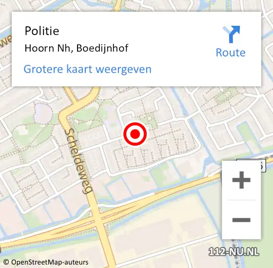 Locatie op kaart van de 112 melding: Politie Hoorn Nh, Boedijnhof op 4 juli 2016 19:44