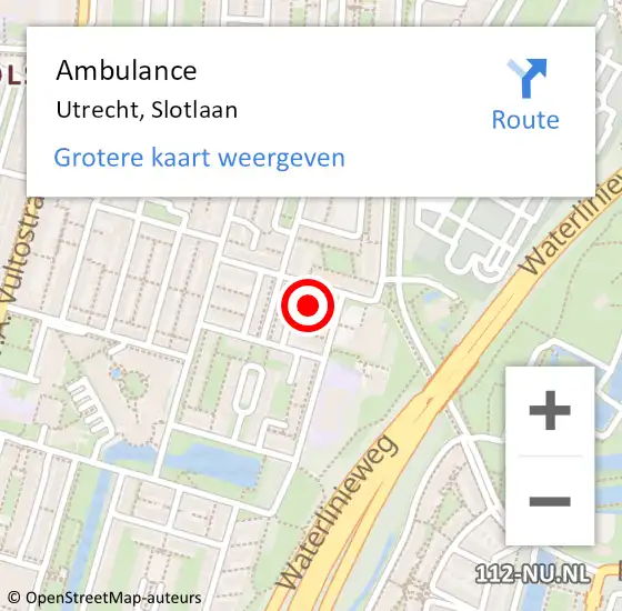 Locatie op kaart van de 112 melding: Ambulance Utrecht, Slotlaan op 5 juli 2016 14:52