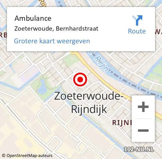 Locatie op kaart van de 112 melding: Ambulance Zoeterwoude, Bernhardstraat op 6 juli 2016 16:33