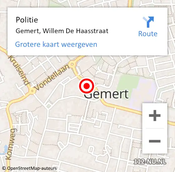 Locatie op kaart van de 112 melding: Politie Gemert, Willem De Haasstraat op 6 juli 2016 21:38