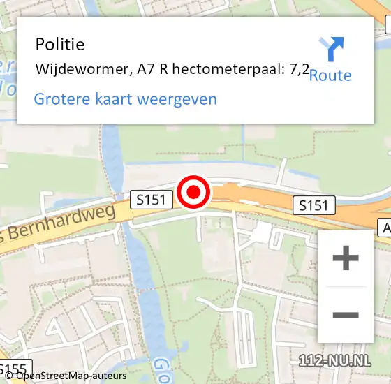 Locatie op kaart van de 112 melding: Politie Wijdewormer, A7 R hectometerpaal: 7,2 op 8 juli 2016 01:13