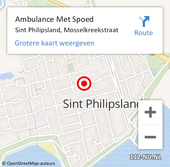 Locatie op kaart van de 112 melding: Ambulance Met Spoed Naar Sint Philipsland, Mosselkreekstraat op 8 juli 2016 05:03