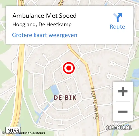 Locatie op kaart van de 112 melding: Ambulance Met Spoed Naar Hoogland, De Heetkamp op 8 juli 2016 13:04