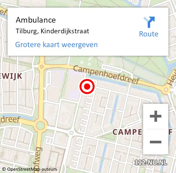 Locatie op kaart van de 112 melding: Ambulance Tilburg, Kinderdijkstraat op 9 juli 2016 10:51