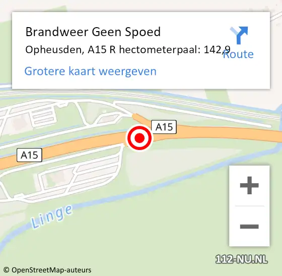 Locatie op kaart van de 112 melding: Brandweer Geen Spoed Naar Opheusden, A15 R hectometerpaal: 142,9 op 10 juli 2016 20:35