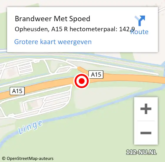 Locatie op kaart van de 112 melding: Brandweer Met Spoed Naar Opheusden, A15 R hectometerpaal: 142,9 op 10 juli 2016 20:50