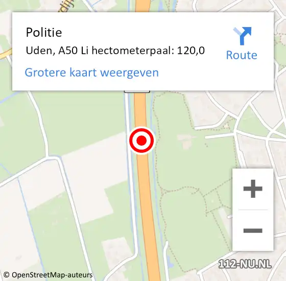 Locatie op kaart van de 112 melding: Politie Uden, A50 Li hectometerpaal: 121,0 op 20 december 2013 18:53