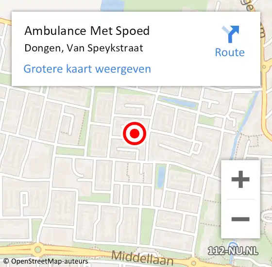 Locatie op kaart van de 112 melding: Ambulance Met Spoed Naar Dongen, Van Speykstraat op 12 juli 2016 10:05