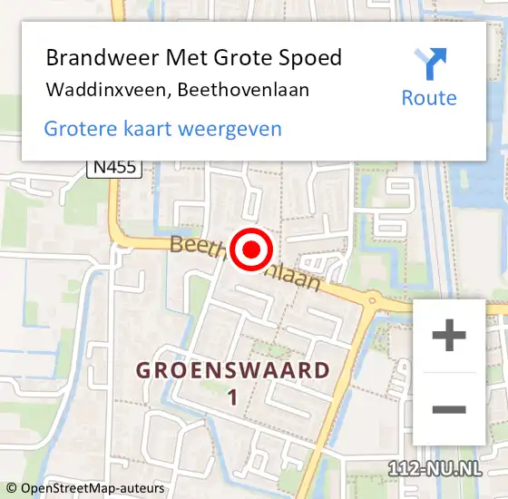 Locatie op kaart van de 112 melding: Brandweer Met Grote Spoed Naar Waddinxveen, Beethovenlaan op 12 juli 2016 21:22