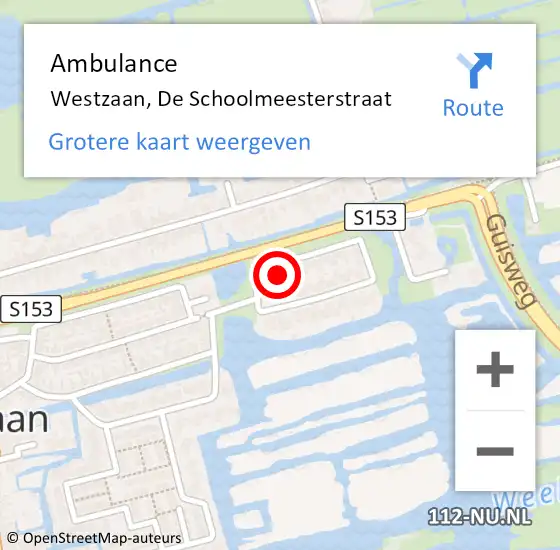 Locatie op kaart van de 112 melding: Ambulance Westzaan, De Schoolmeesterstraat op 13 juli 2016 11:43