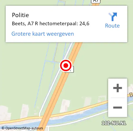 Locatie op kaart van de 112 melding: Politie Beets, A7 R hectometerpaal: 24,6 op 14 juli 2016 15:46