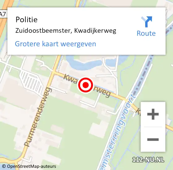 Locatie op kaart van de 112 melding: Politie Zuidoostbeemster, Kwadijkerweg op 14 juli 2016 16:34