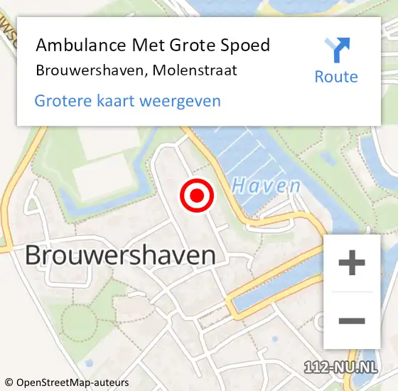 Locatie op kaart van de 112 melding: Ambulance Met Grote Spoed Naar Brouwershaven, Molenstraat op 15 juli 2016 17:35