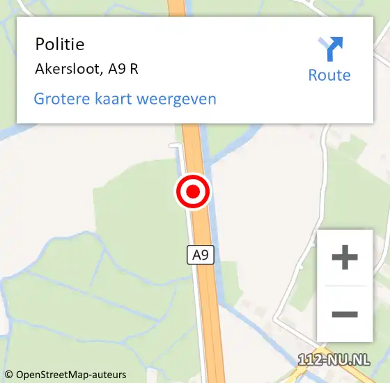 Locatie op kaart van de 112 melding: Politie Akersloot, A9 R op 17 juli 2016 06:36