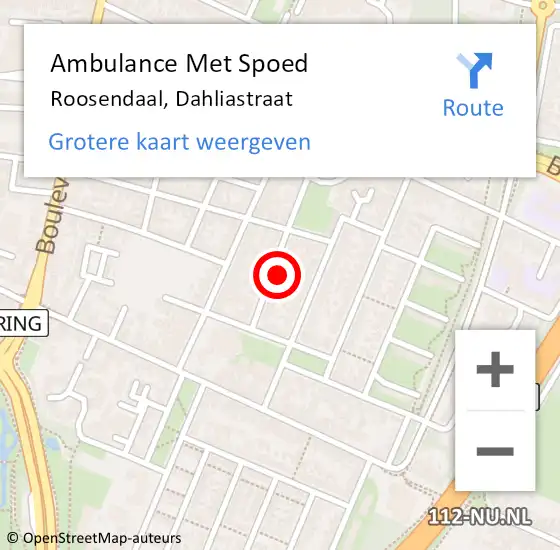 Locatie op kaart van de 112 melding: Ambulance Met Spoed Naar Roosendaal, Dahliastraat op 18 juli 2016 05:52