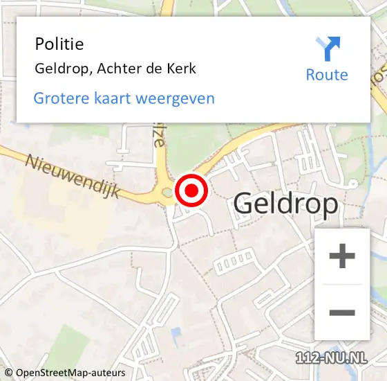 Locatie op kaart van de 112 melding: Politie Geldrop, Achter De Kerk op 18 juli 2016 16:47