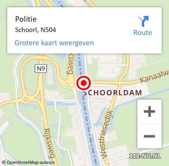 Locatie op kaart van de 112 melding: Politie Schoorl, N504 op 18 juli 2016 17:56