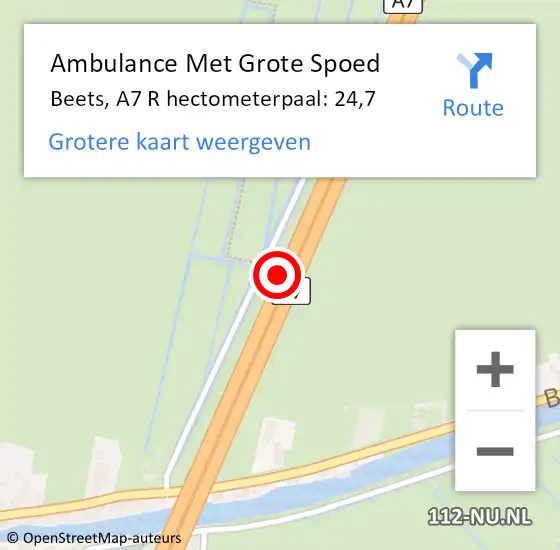 Locatie op kaart van de 112 melding: Ambulance Met Grote Spoed Naar Beets, A7 R hectometerpaal: 24,8 op 18 juli 2016 20:24