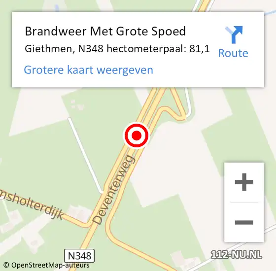Locatie op kaart van de 112 melding: Brandweer Met Grote Spoed Naar Giethmen, N348 hectometerpaal: 81,1 op 19 juli 2016 14:23