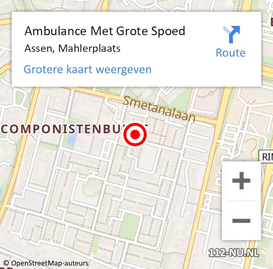 Locatie op kaart van de 112 melding: Ambulance Met Grote Spoed Naar Assen, Mahlerplaats op 19 juli 2016 17:12