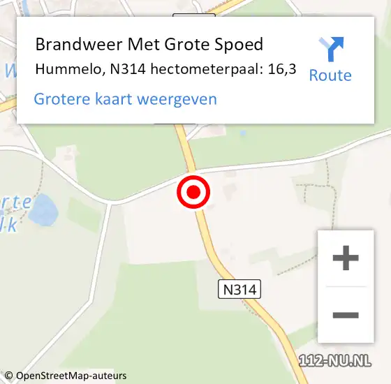 Locatie op kaart van de 112 melding: Brandweer Met Grote Spoed Naar Hummelo, N314 hectometerpaal: 16,3 op 20 juli 2016 09:26