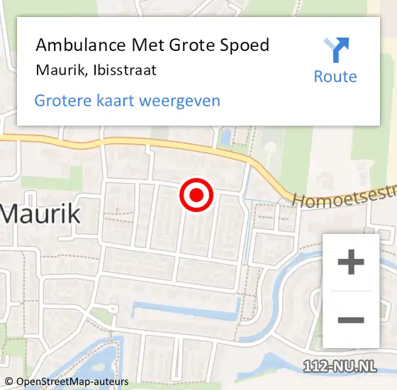 Locatie op kaart van de 112 melding: Ambulance Met Grote Spoed Naar Maurik, Ibisstraat op 20 juli 2016 20:13