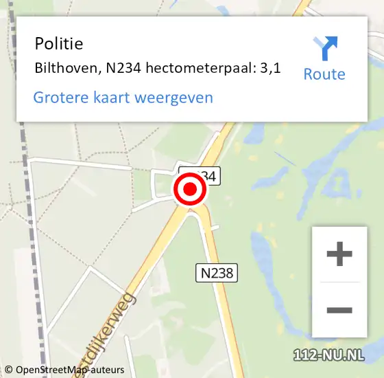 Locatie op kaart van de 112 melding: Politie Bilthoven, N234 hectometerpaal: 3,4 op 21 juli 2016 07:23