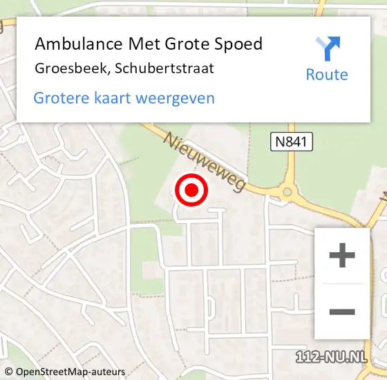 Locatie op kaart van de 112 melding: Ambulance Met Grote Spoed Naar Groesbeek, Schubertstraat op 21 juli 2016 07:46