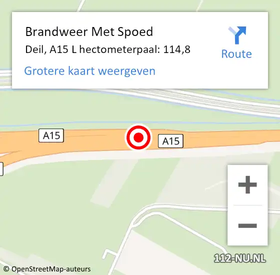 Locatie op kaart van de 112 melding: Brandweer Met Spoed Naar Deil, A15 L hectometerpaal: 114,8 op 21 juli 2016 13:40